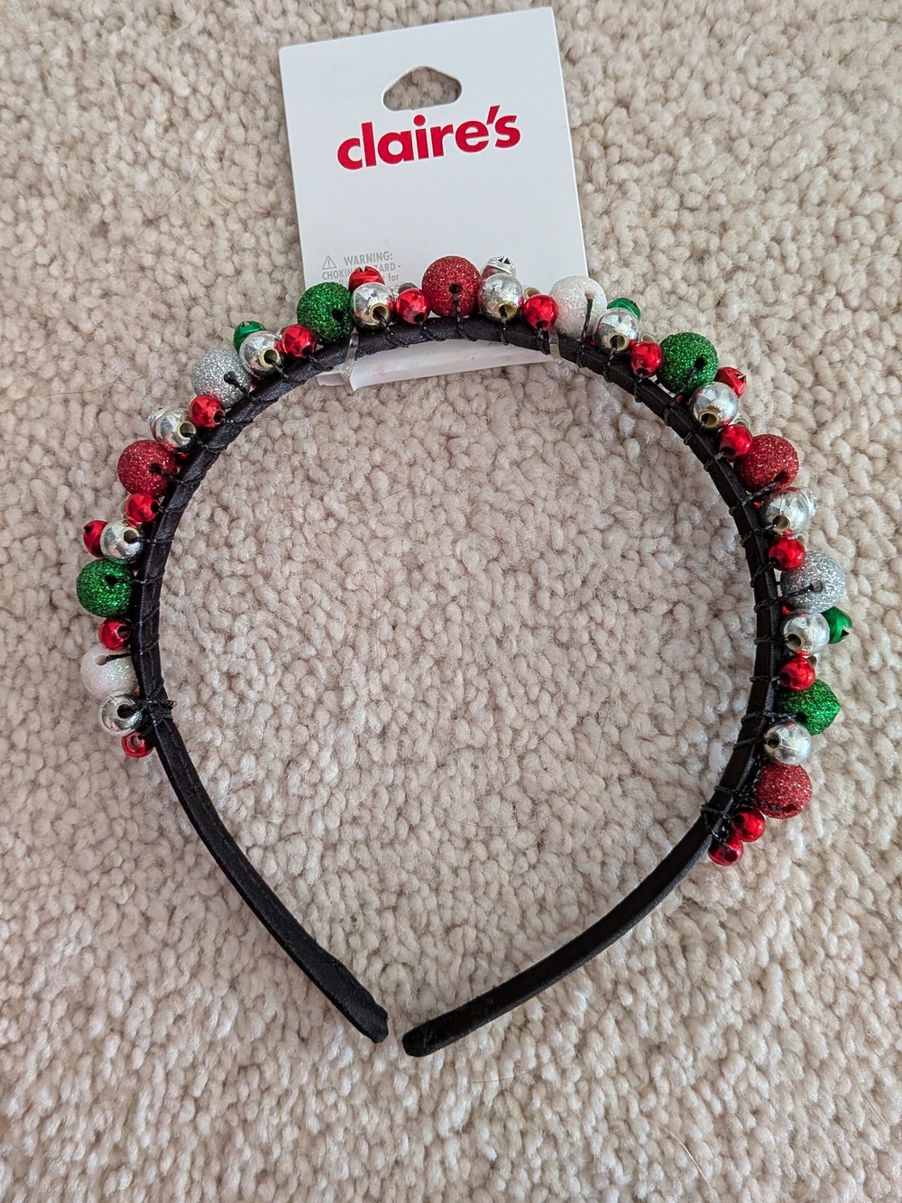 Claire's Festive Glitter Bell Headband in Red, Green & Silver